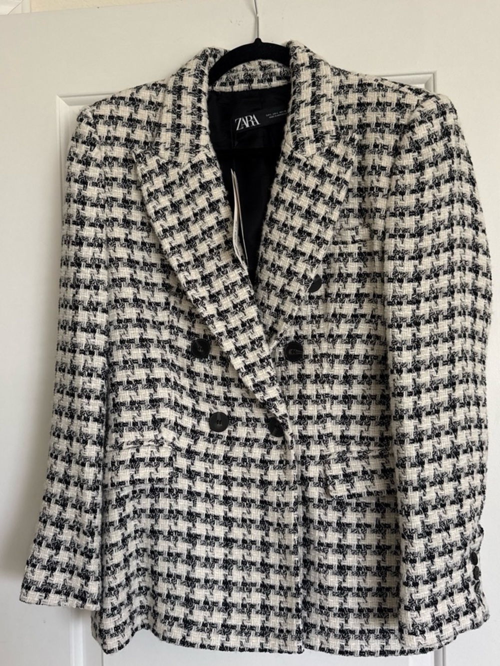 ZARA Black and White Tweed Double-Breasted Blazer